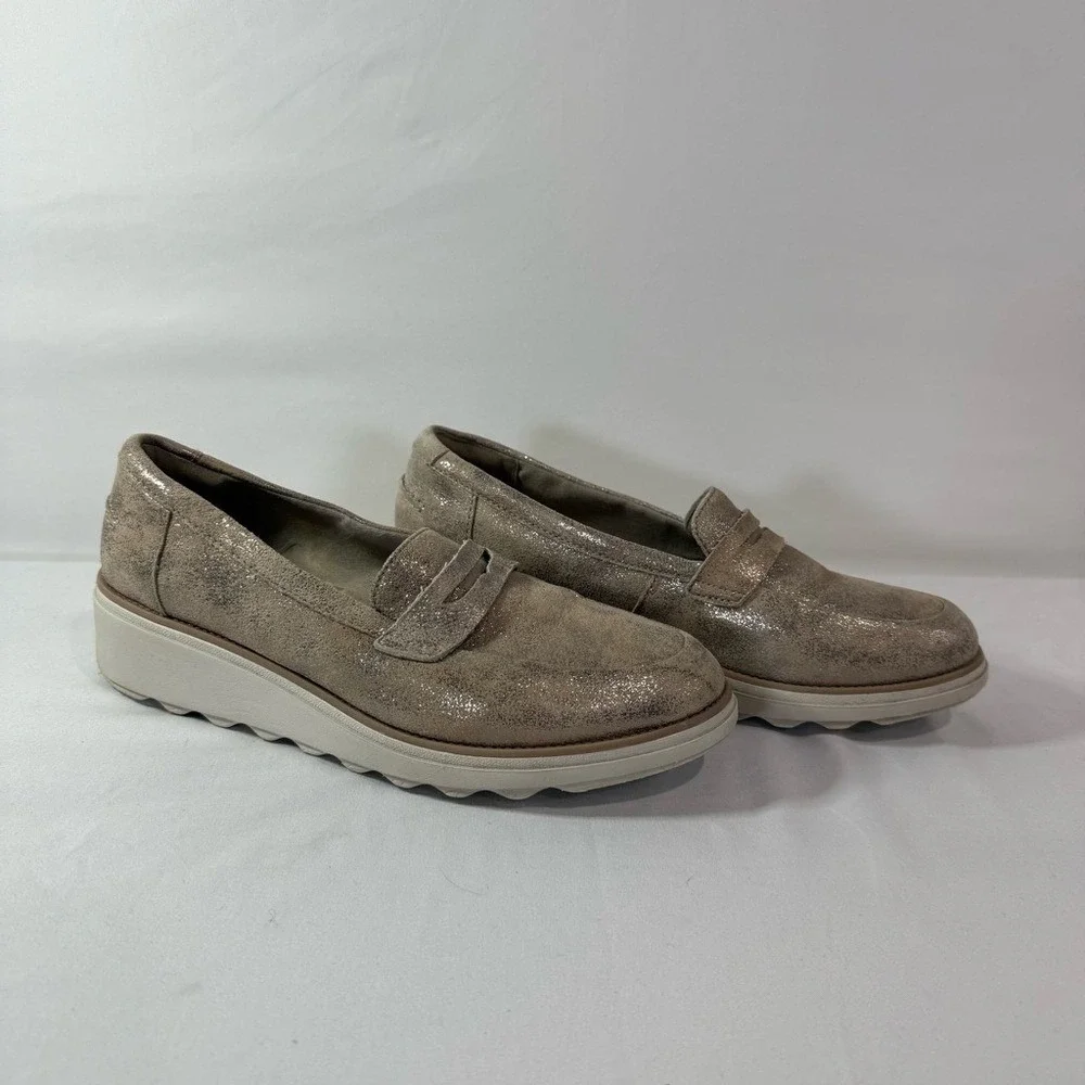 Clarks Sharon Ranch Penny Loafer Platform Suede Gold Pewter  Metallic‎ Size 9